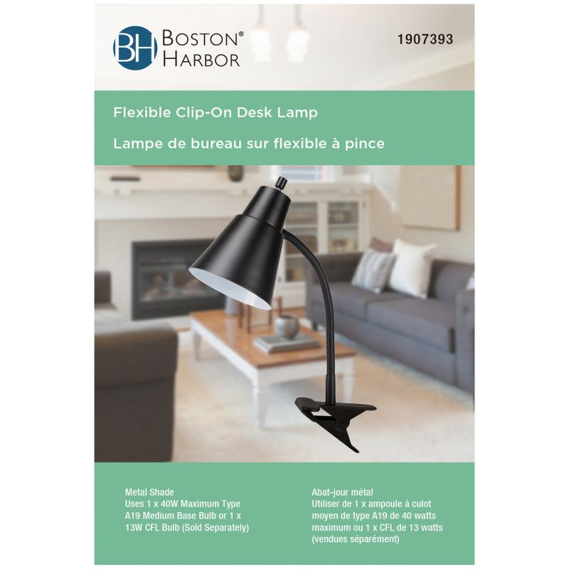 Boston Harbor TL-CL-170-BLACK3 Flexible Clip-On Desk Lamp, 120 V, 60 W, 1-Lamp, CFL Lamp, Black Fixture, Black Black