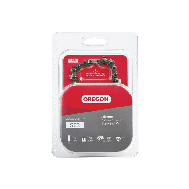 Oregon AdvanceCut S63 Chainsaw Chain, 18 in L Bar, 0.05 Gauge, 3/8 in TPI/Pitch, 63-Link