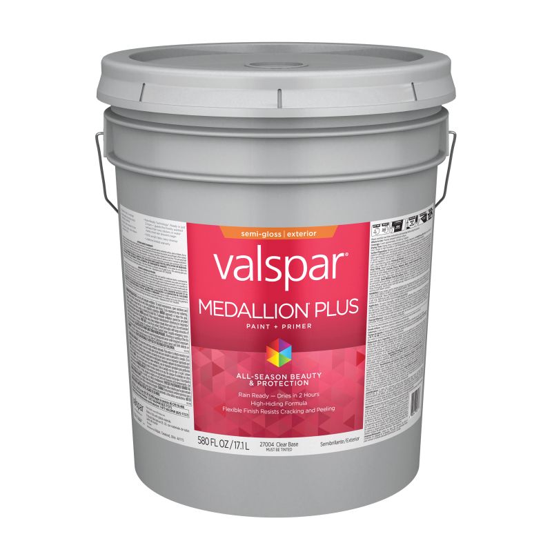 Valspar Medallion Plus 2600 08 Latex Paint, Acrylic Base, Semi-Gloss Sheen, Clear Base, 5 gal Clear Base
