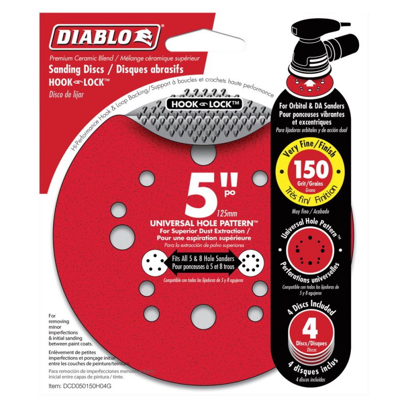 Diablo DCD050150H50G Sanding Disc, 5 in Dia, Coated, Grain, 150 Grit, Very Fine, Ceramic Abrasive, Paper Backing