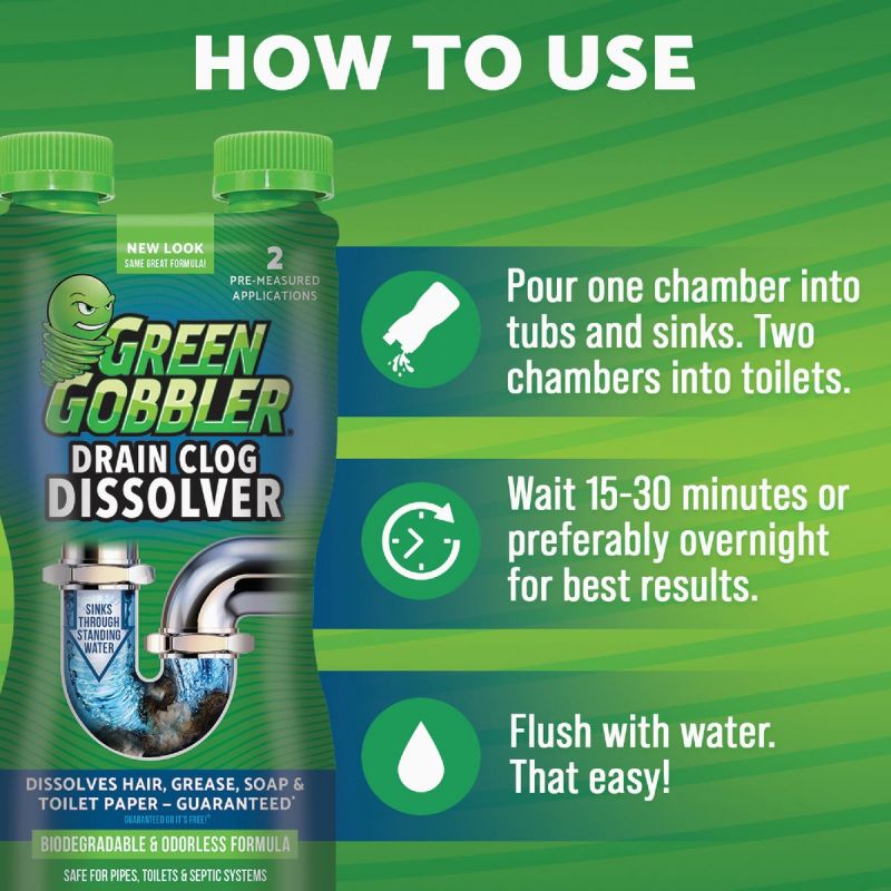 Green Gobbler Drain Clog Dissolver, 31oz Dual Chamber Bottle - Win Depot