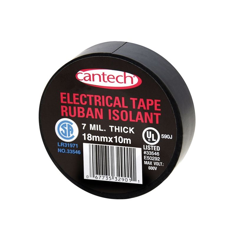 Cantech 330-01 Electrical Tape, 20 m L, 18 mm W, PVC Backing, Black Black