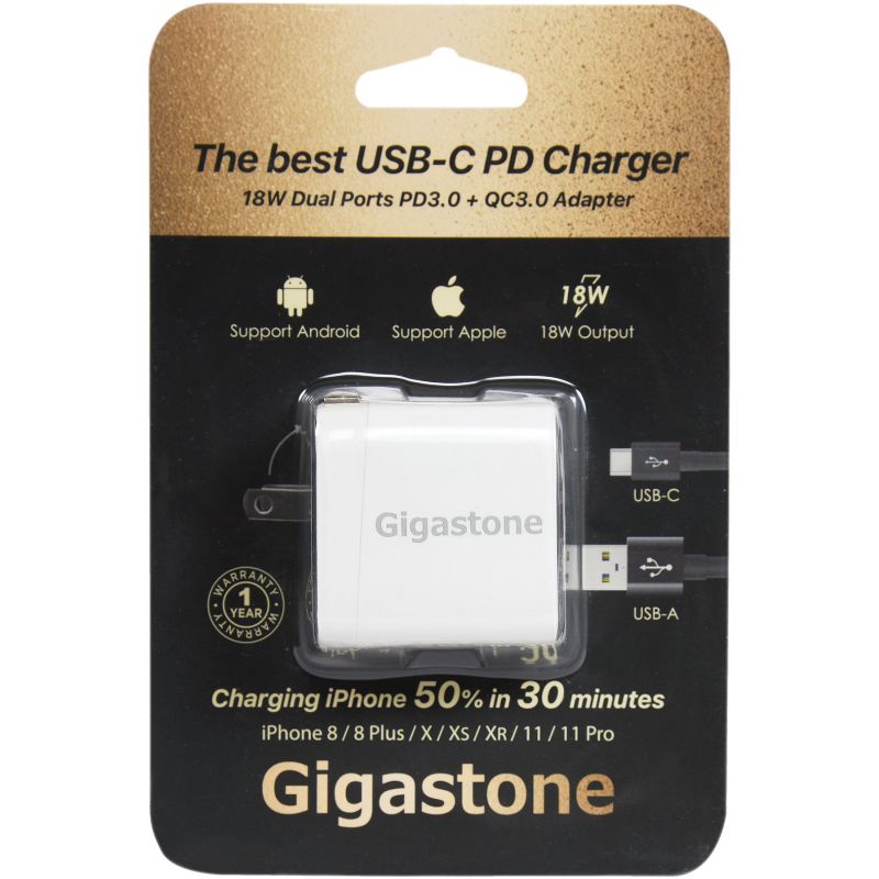 Gigastone PD3.0 &amp; QC3.0 Dual-Port Adapter Wall Charger White