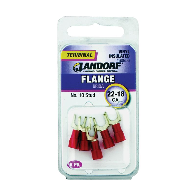 Jandorf 60956 Spade Terminal, 22 to 18 AWG Wire, #10 Stud, Vinyl Insulation, Copper Contact, Red Red