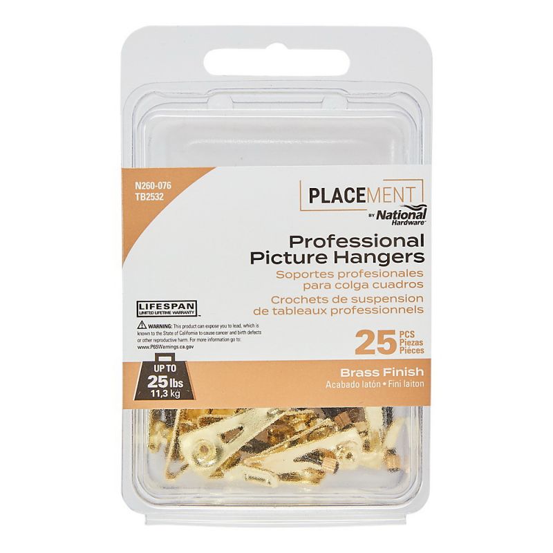 National Hardware Professional Series N260-076 Picture Hanger, 25 lb, Steel, Brass, 13/32 in Projection