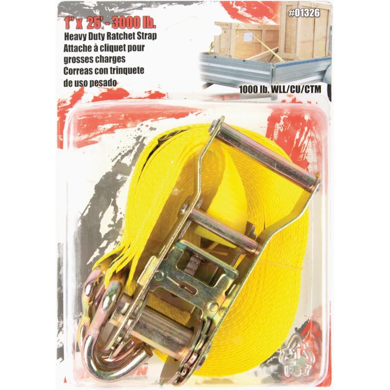 Erickson Heavy-Duty Ratchet Strap with J Hooks Yellow