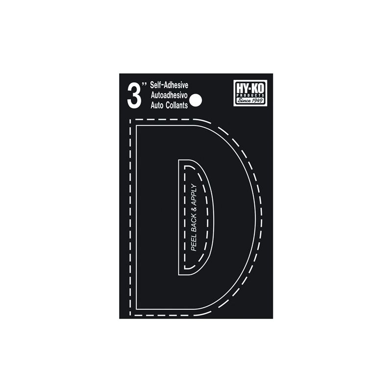 Hy-Ko 30400 Series 30414 Die-Cut Letter, Character: D, 3 in H Character, Black Character, Vinyl