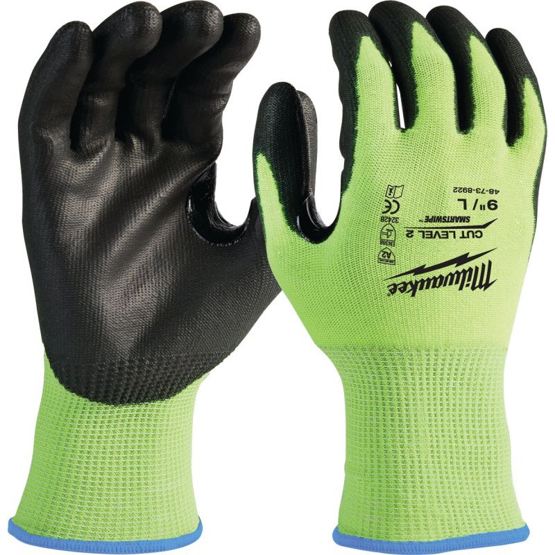 Milwaukee High Vis Polyurethane Coated Cut Level 2 Work Glove L, Hi Vis Yellow &amp; Black