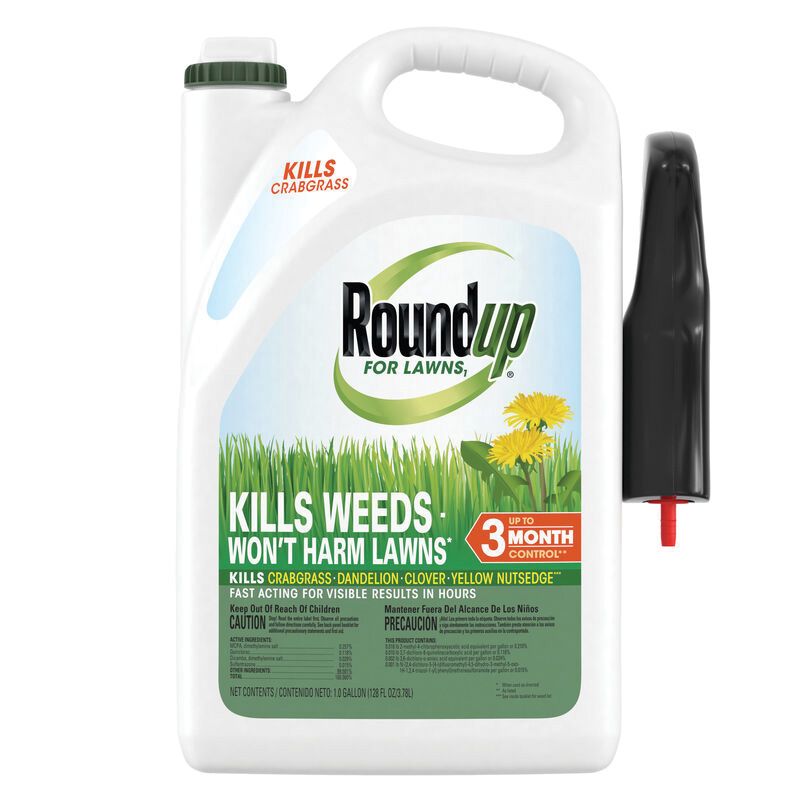 Roundup 5021005 Ready-To-Use Lawn Weed Killer, Liquid, Trigger Spray Application, 1 gal Bottle Amber To Dark Brown