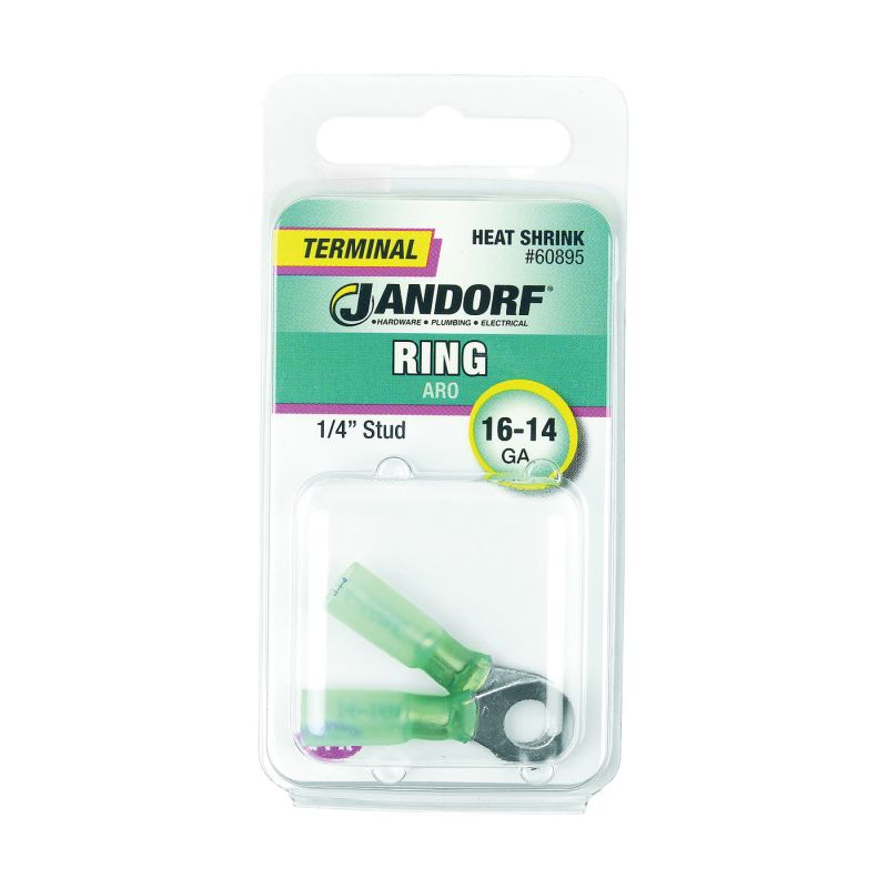 Jandorf 60895 Ring Terminal, 16 to 14 AWG Wire, 1/4 in Stud, Green Green