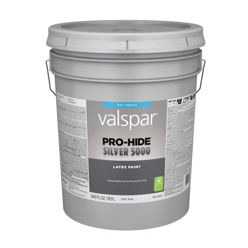 Valspar Pro-Hide Silver 5000 7100 08 Latex Paint, Water Base, Flat Sheen, White Base, 5 gal White Base