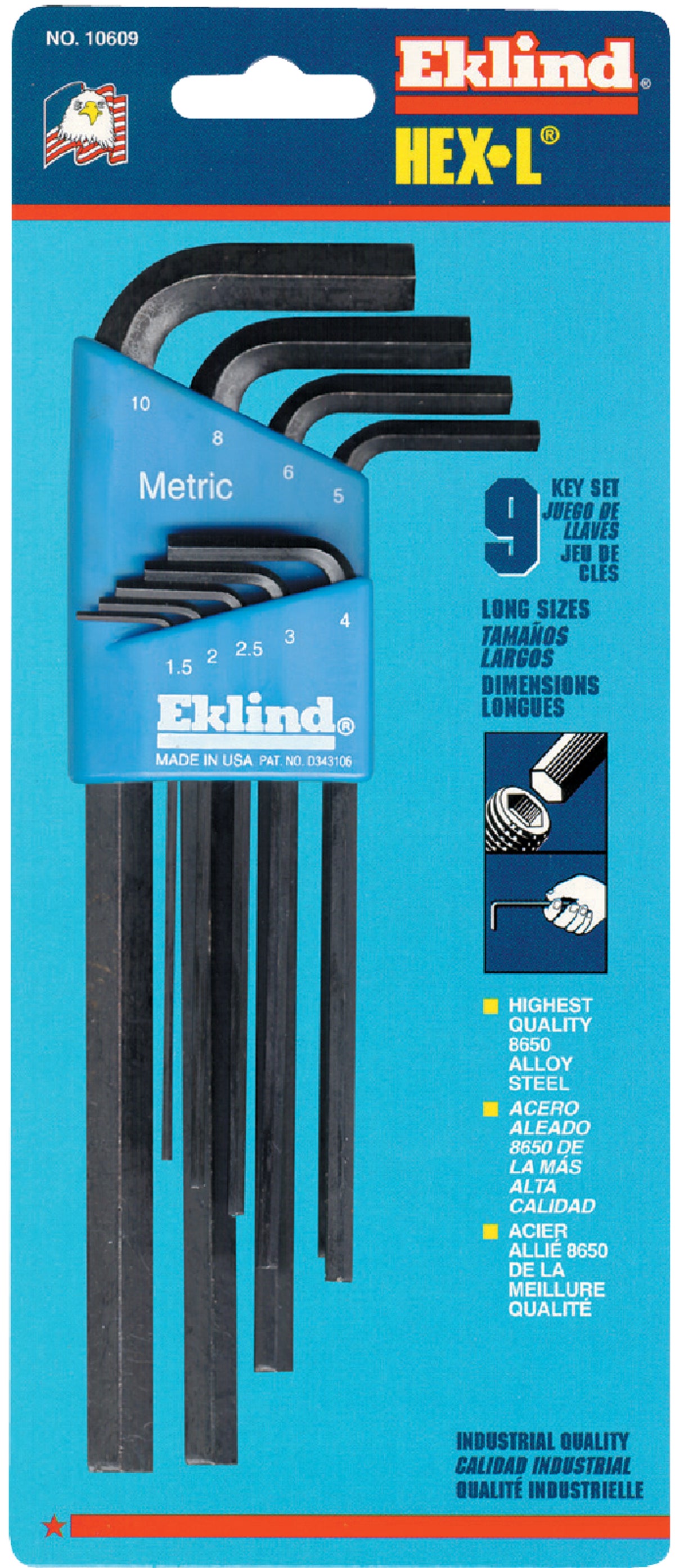 Eklind EKL10509 Hexagon Key Short Arm Set of 9 Metric 1.5-10mm