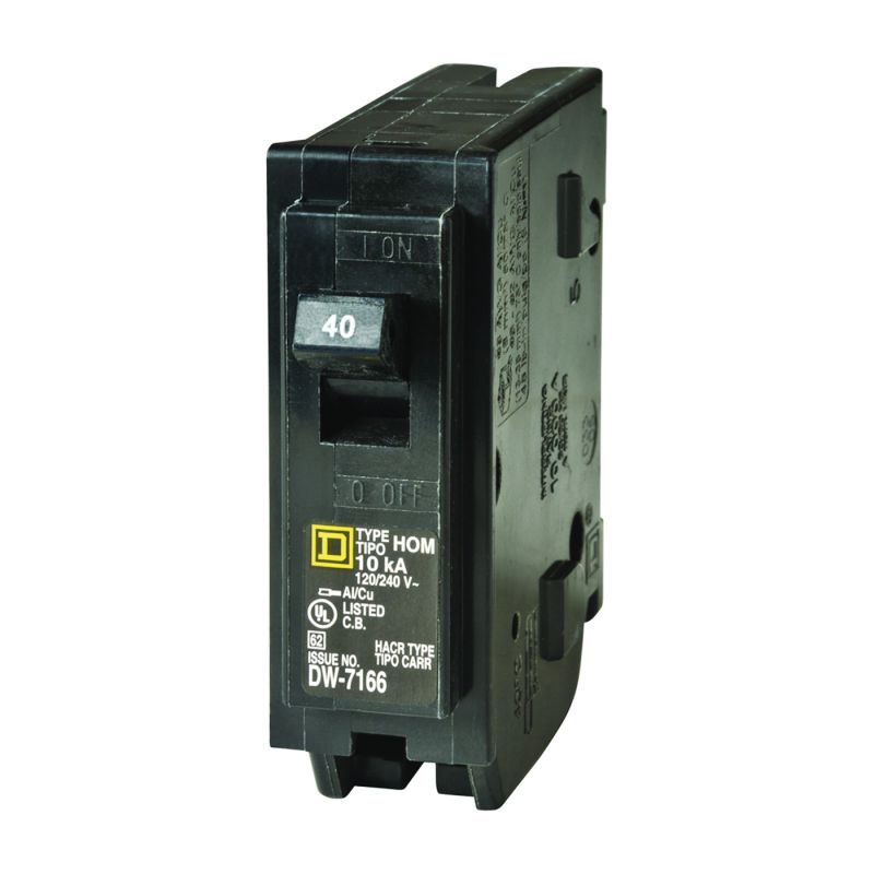 Square D Homeline HOM140CP Circuit Breaker, Mini, 40 A, 1 -Pole, 120 V, Fixed Trip, Plug Mounting, Black Black