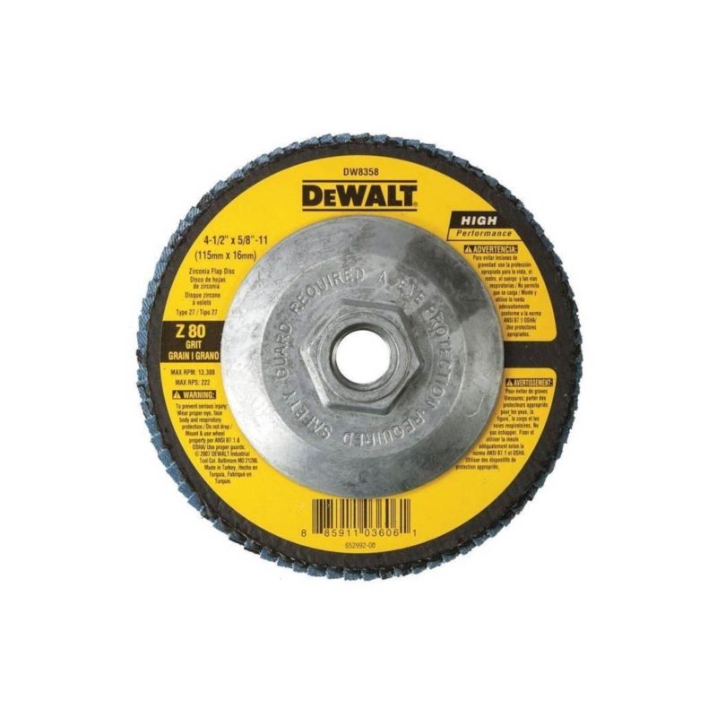 DeWALT DW8358 Flap Disc, 4-1/2 in Dia, 5/8-11 Arbor, Coated, 80 Grit, Medium, Zirconia Abrasive