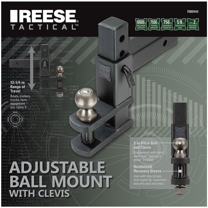 Reese Towpower Tactical 7089444 Adjustable Ball Mount with Clevis, 2 in, 2-5/16 in Dia Hitch Ball, Steel, Matte/Pewter Black