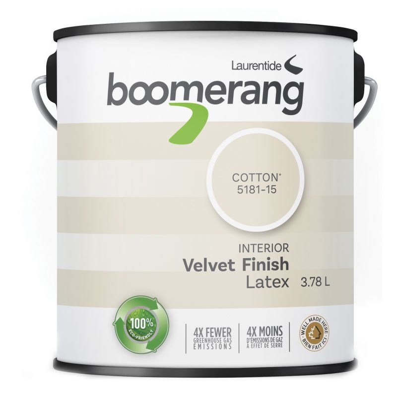 boomerang 5181 Series 5181-15L19 Interior Paint, Velvet Sheen, Cotton, 3.78 L, 40 sq-m Coverage Area Cotton