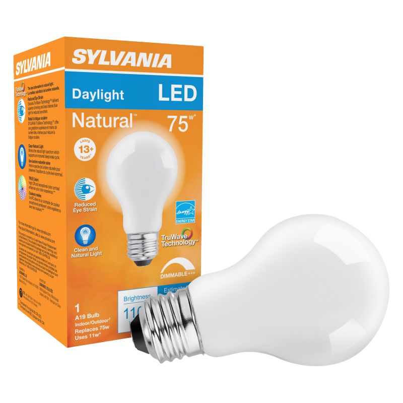 Sylvania 40727 LED Bulb, General Purpose, A19 Lamp, 75 W Equivalent, E26 Lamp Base, Dimmable, Frosted, Daylight Light