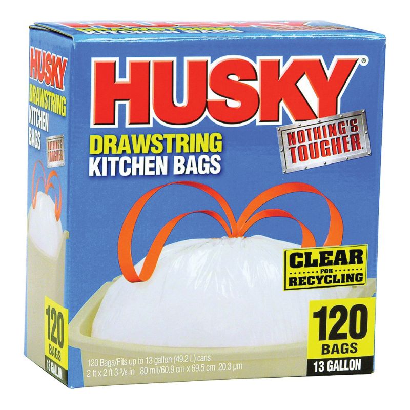 Husky HK13DS120C-P Kitchen Trash Bag, 13 gal Capacity, Polyethylene, Clear 13 Gal, Clear