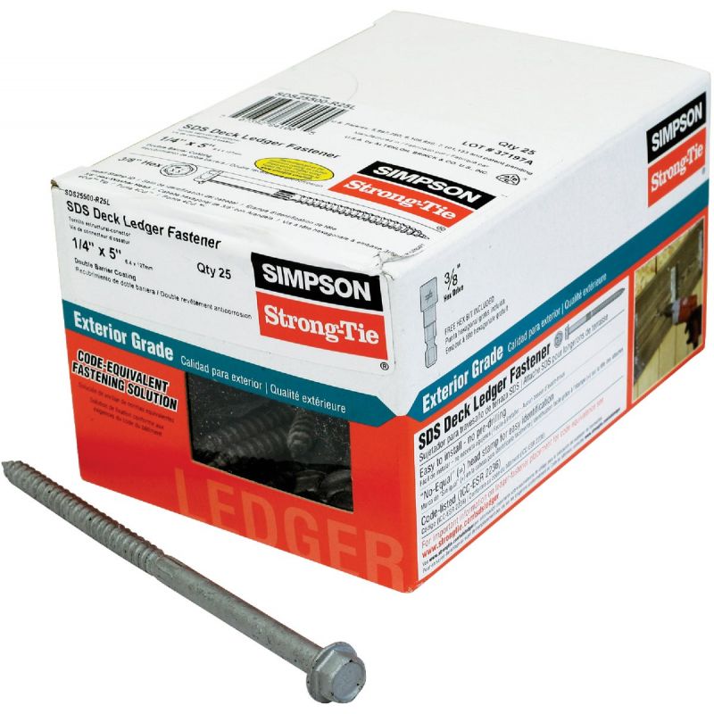 Simpson Strong-Tie Strong-Drive SDS Ledger Deck Screw 1/4 In. X 5 In., Gray, 3/8 In. Hex