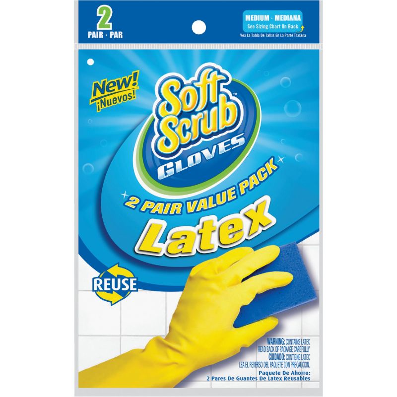 Soft Scrub 2-Pair Pack Latex Rubber Glove M, Yellow