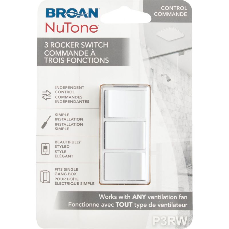 Broan 3-Function Rocker Switch for Bathroom Exhaust Fan White, 15A