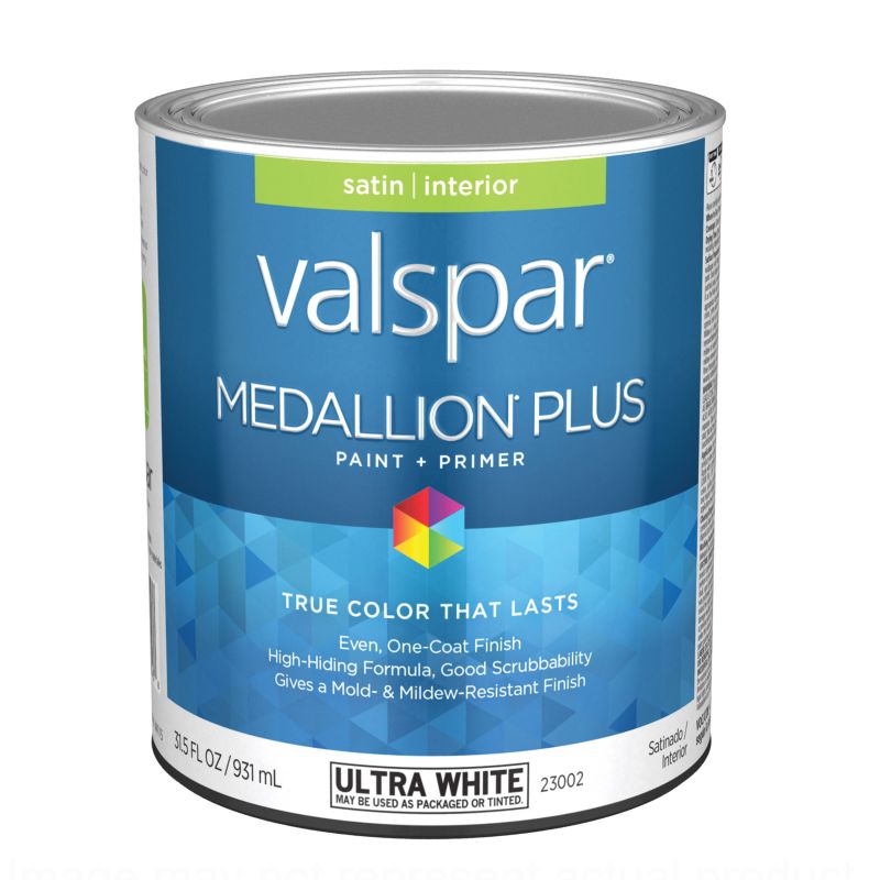 Valspar Medallion Plus 2300 028.0023002.005 Latex Paint, Acrylic Base, Satin Sheen, Ultra White Base, 1 qt Ultra White Base