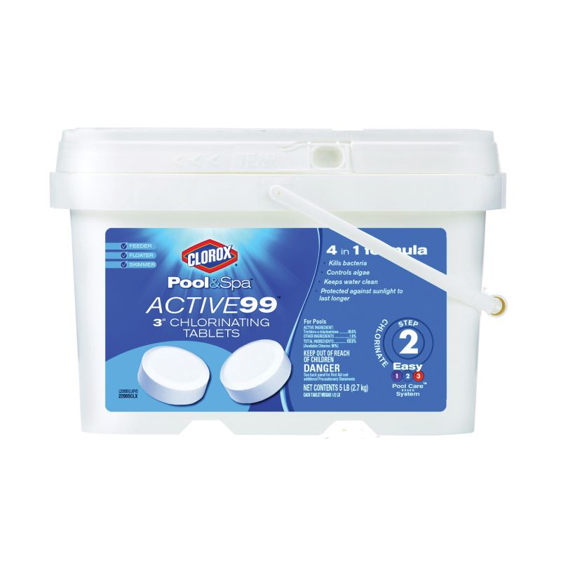 Clorox POOL &amp; Spa ACTIVE99 22405CLX Chlorinating Tablet, Solid, Chlorine, 5 lb 3 In, White