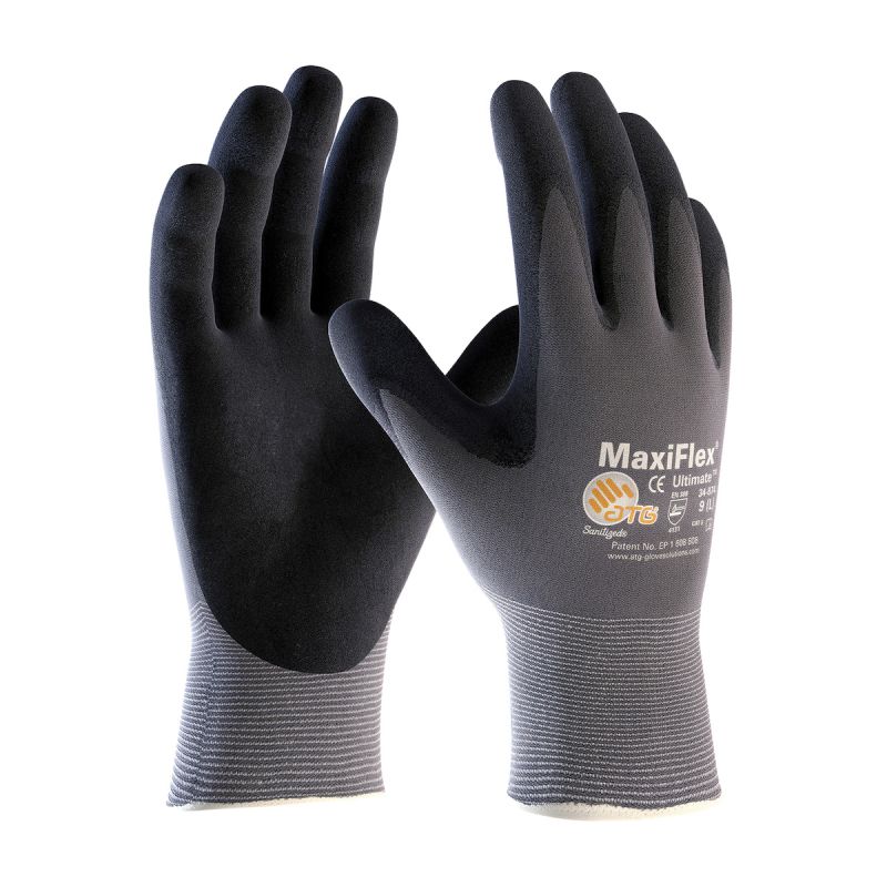 Boss MaxiFlex Ultimate 34-874T/XL Seamless Knit Coated Gloves, Unisex, XL, 8.7 in L, Knit Wrist Cuff, Black/Gray XL, Black/Gray