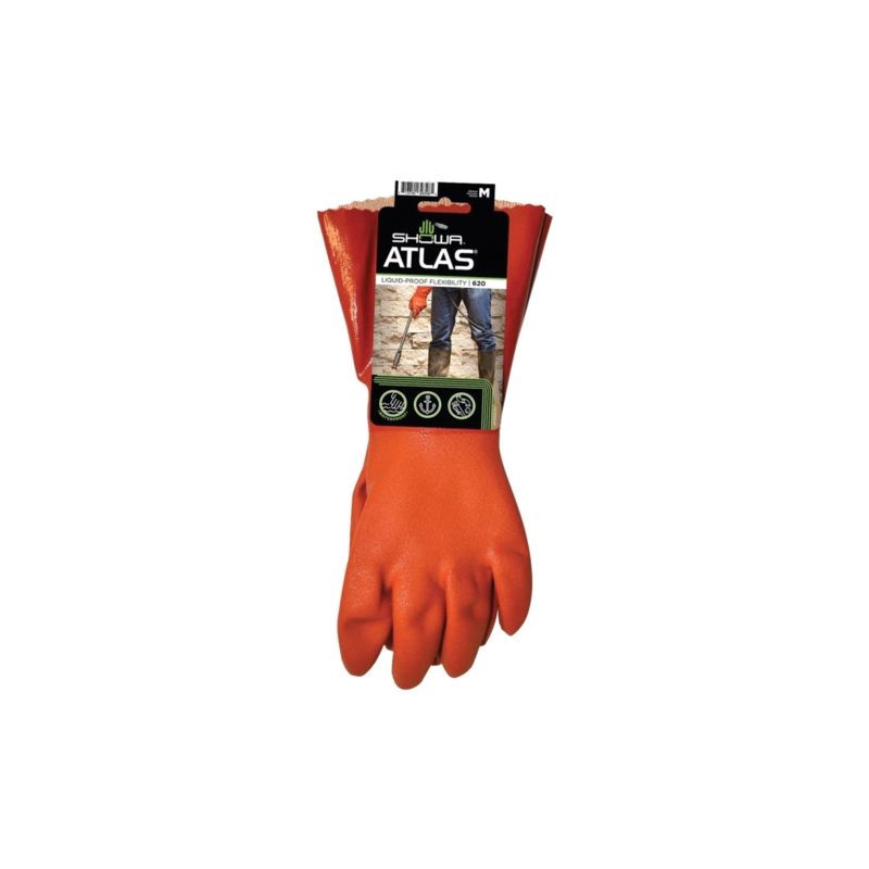 Showa 620M-08.RT Coated Gloves, M, 12 in L, Gauntlet Cuff, PVC, Orange M, Orange