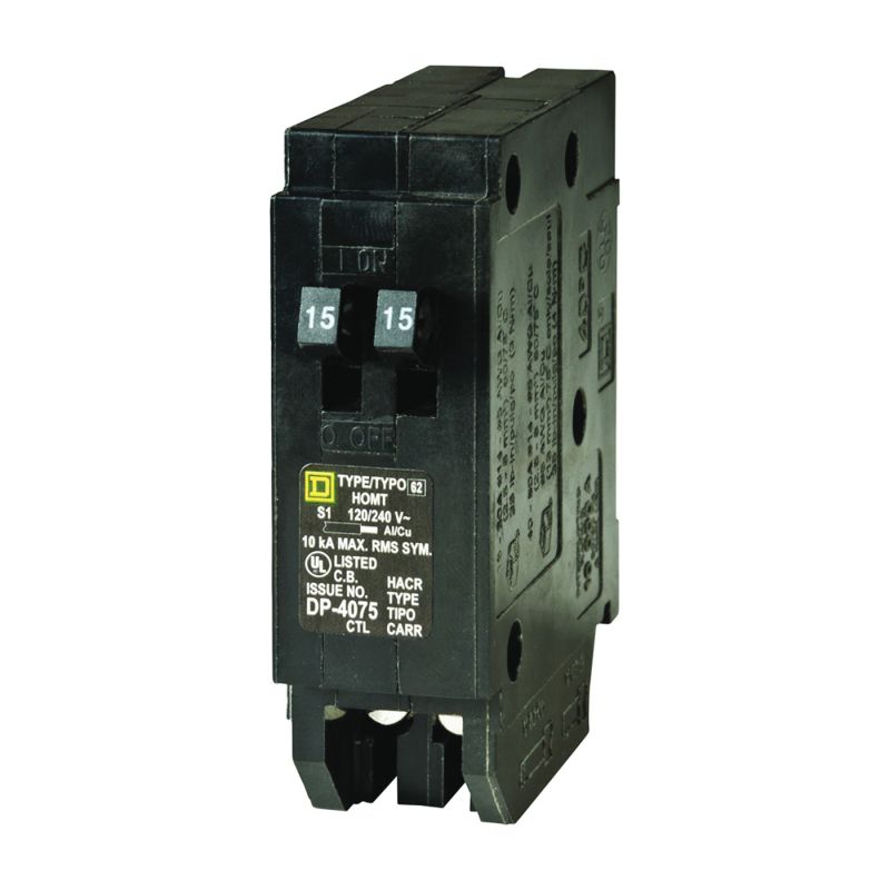 Square D Homeline HOMT1515CP Circuit Breaker, Mini, Tandem, 15 A, 1 -Pole, 120/240 V, Fixed Trip, Plug Mounting Black
