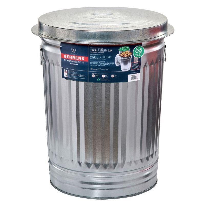Behrens 1270 Trash Can, 31 gal Capacity, Steel, Silver 31 Gal, Silver