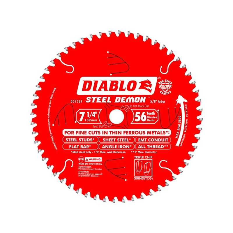 Diablo Steel Demon D0756F Circular Saw Blade, 7-1/4 in Dia, 5/8 in Arbor, 56-Teeth, Carbide Cutting Edge