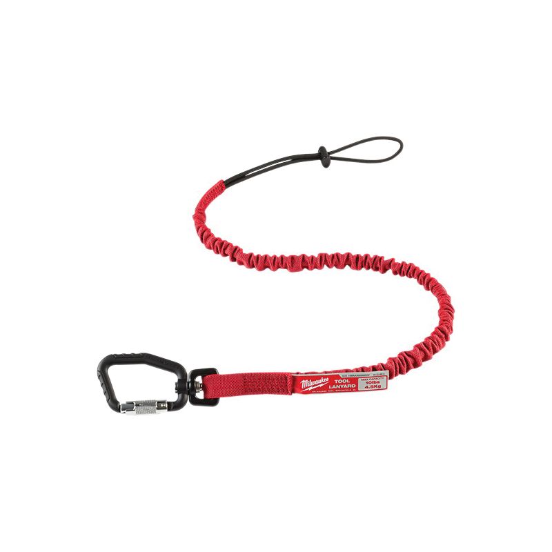 Milwaukee 48-22-8810 Locking Tool Lanyard, 36.3 in L, 10 lb Working Load, Rubber/Nylon Line, Red, Carabiner End Fitting Red