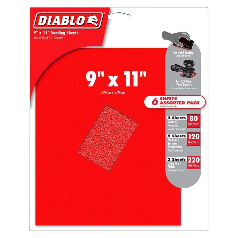 Diablo DCS911ASTS06G Sanding Sheet Assorted Pack, 9 in W, 11 in L, 80, 120, 220 Grit, Coarse, Fine, Ultra Fine