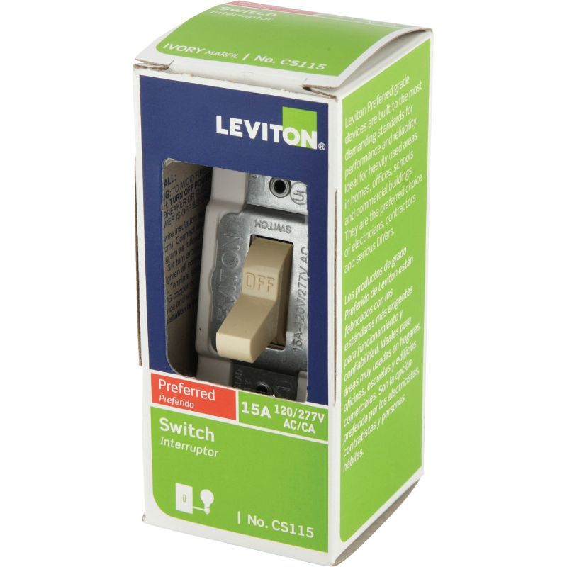 Leviton Commercial Grade Toggle Single Pole Switch Ivory, 15