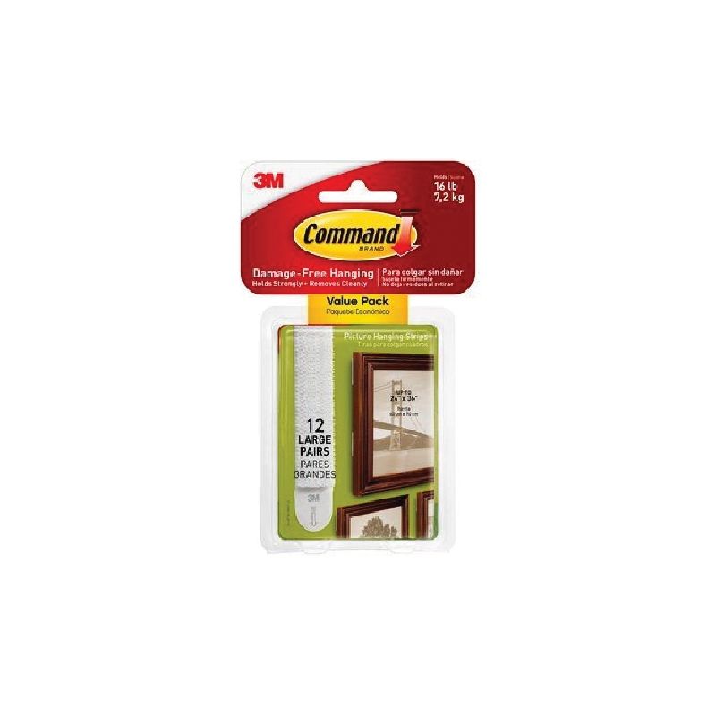 Command 17206-12ES Large Picture Hanging Strip, 3/4 in W, 3-5/8 in L, Foam Backing, White, 4 lb White (Pack of 4)