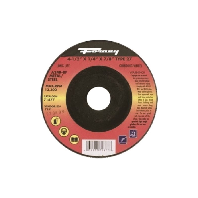 Forney 71877 Grinding Wheel, 4-1/2 in Dia, 1/4 in Thick, 7/8 in Arbor, 24 Grit, Coarse, Aluminum Oxide Abrasive