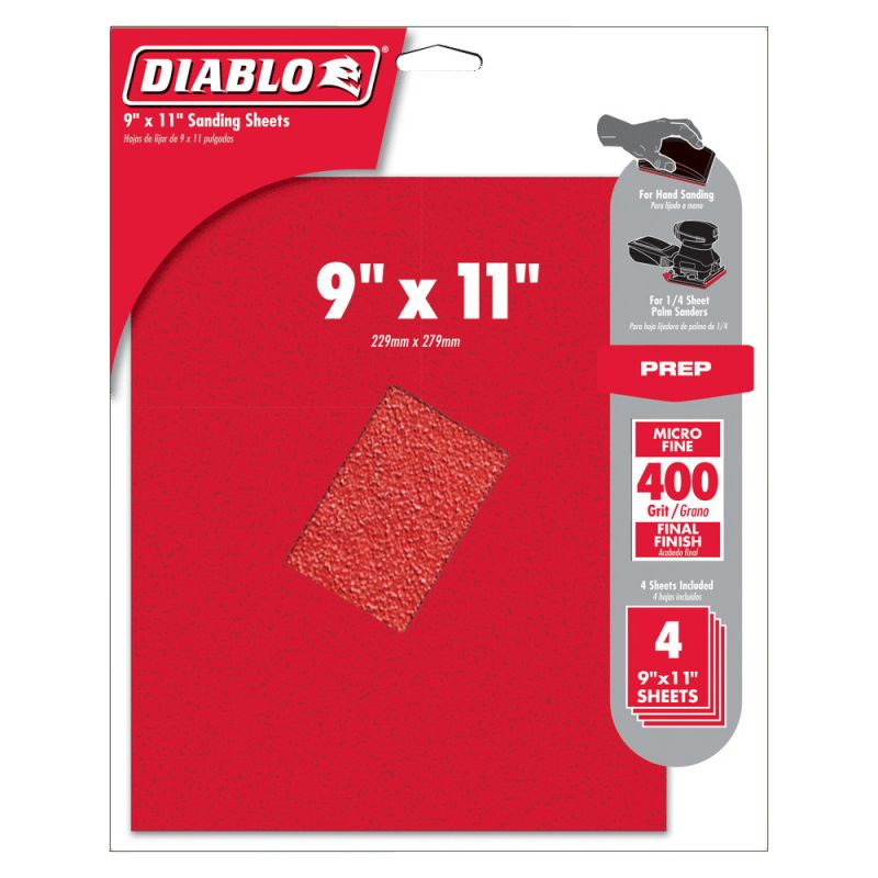 Diablo DCS911400S04G Sanding Sheet, 9 in W, 11 in L, 400 Grit, Micro Fine, Aluminum Oxide Abrasive, Paper Backing