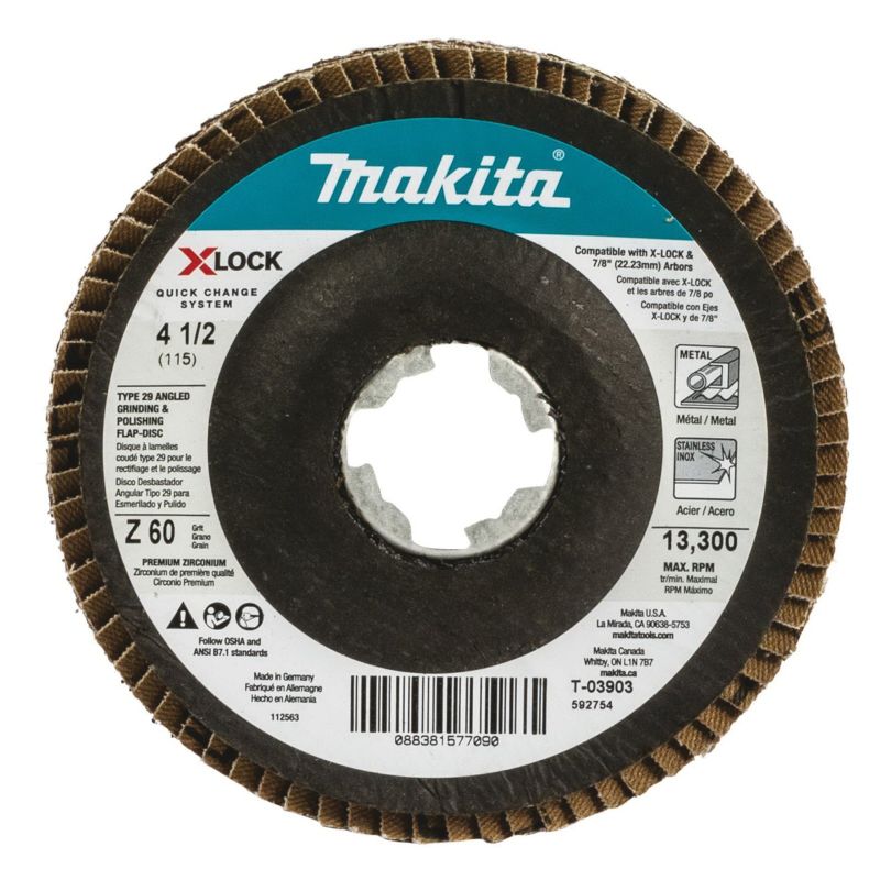 Makita X-LOCK T-03903 Grinding and Polishing Flap Disc, 4-1/2 in Dia, 7/8 in Arbor, 60 Grit, Coarse Teal