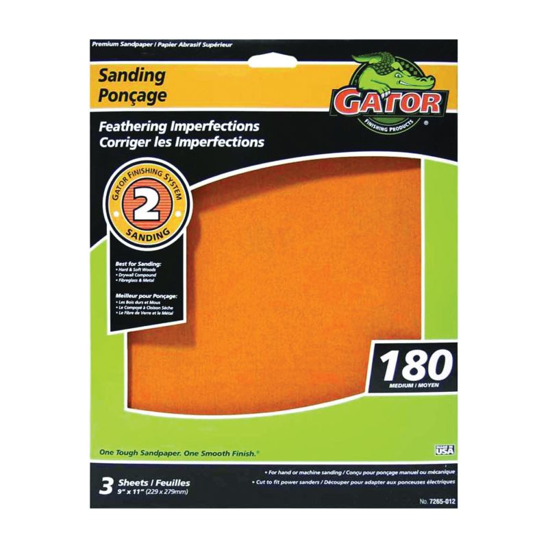 Gator 7265-012 Sanding Sheet, 11 in L, 9 in W, 180 Grit, Aluminum Oxide Abrasive