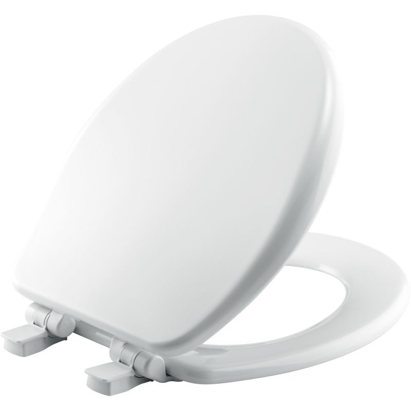 Mayfair 64SLOW 000 Toilet Seat, Round, Wood, White, Adjustable, Easy Clean and Change Hinge White