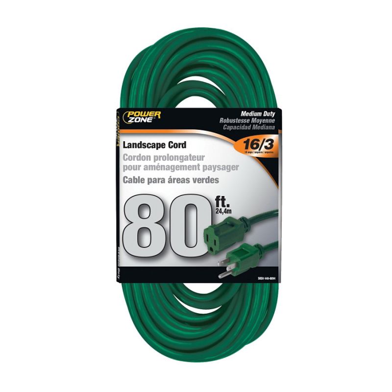 PowerZone OR880633 Extension Cord, 16 AWG Cable, 80 ft L, 125 V, Green