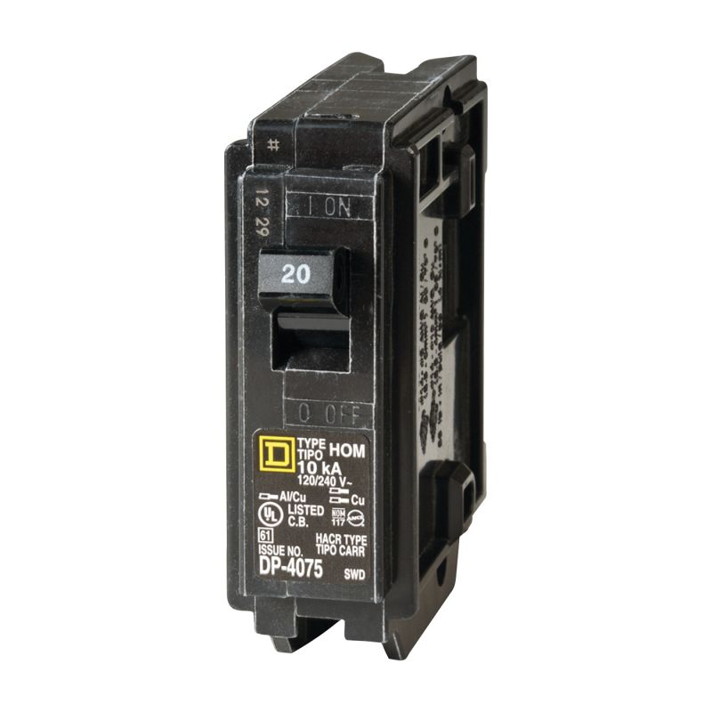 Square D Homeline HOM120C Circuit Breaker, Mini, 20 A, 1 -Pole, 120 V, Plug Mounting, Black Black