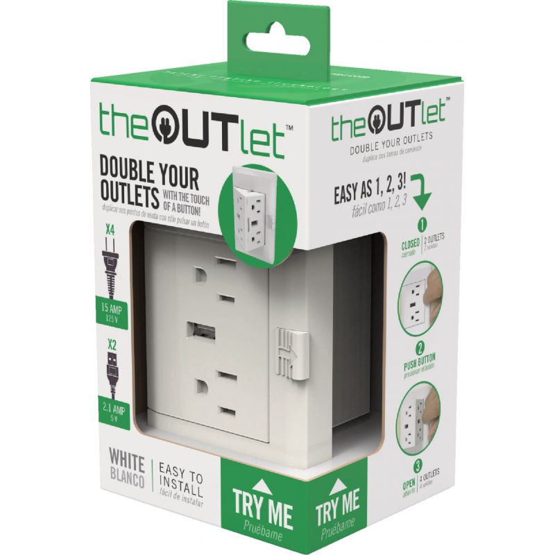 theOUTlet 2.1A/15A Permanent Outlet Extender White, 2.1A/15A