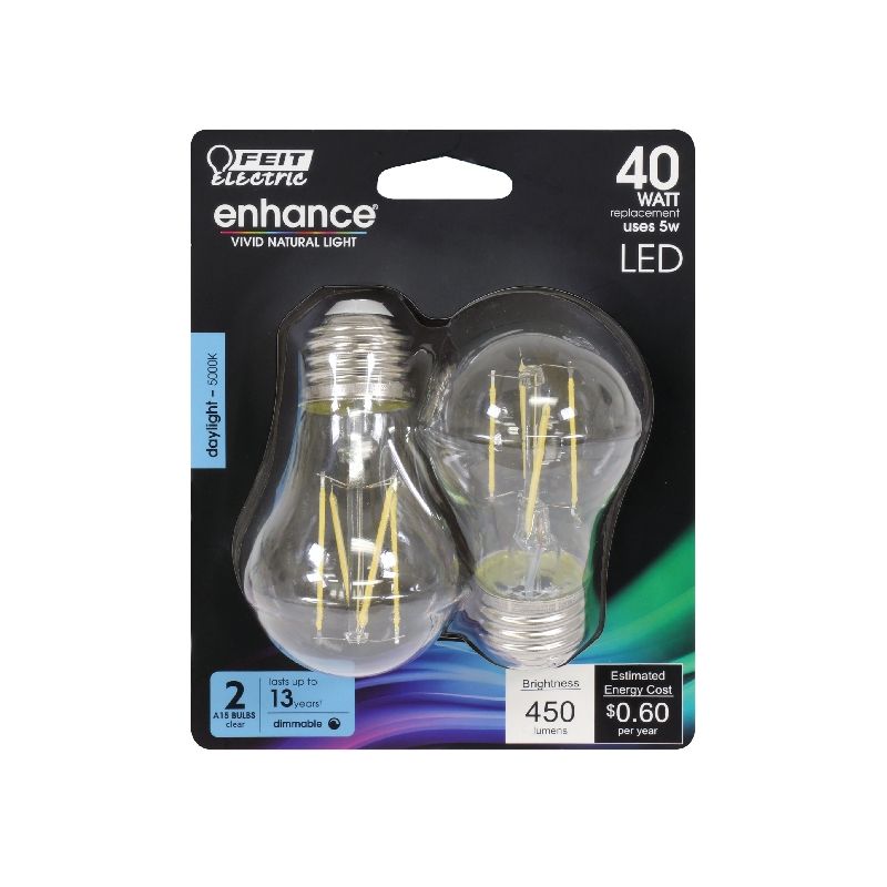Feit Electric BPA1540/950CA/FIL/2 LED Bulb, General Purpose, A15 Lamp, 40 W Equivalent, E26 Lamp Base, Dimmable, Clear