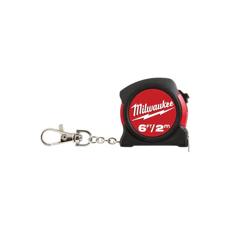 Milwaukee 48-22-5506 Keychain Tape Measure, 6 ft L Blade, 13 mm W Blade, Steel Blade, ABS Case, Black/Red Case 6 Ft