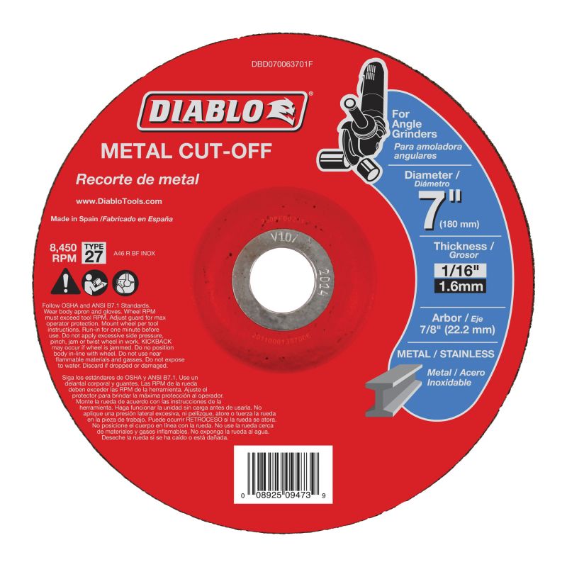 Diablo DBD070063701F Cut-Off Wheel, 7 in Dia, 1/16 in Thick, 7/8 in Arbor, Aluminum Oxide Abrasive