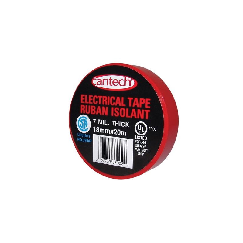 Cantech 330-02 Electrical Tape, 20 m L, 18 mm W, PVC Backing, Red Red