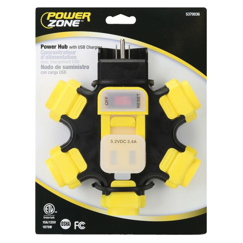 PowerZone ORPBPHU345 Outdoor Power Hub, 3.4 A, 125 V, 2 -USB Port, Black/Yellow Black/Yellow