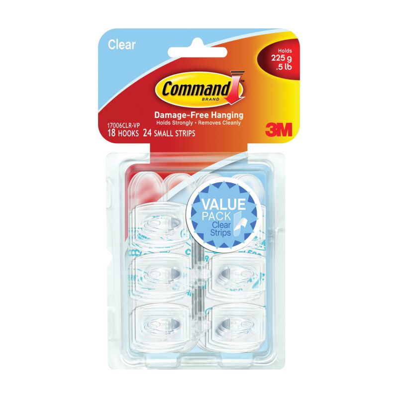 Command 17006CLR-VP Adhesive Hook, 0.5 lb, 18-Hook, Plastic, Clear Clear (Pack of 4)
